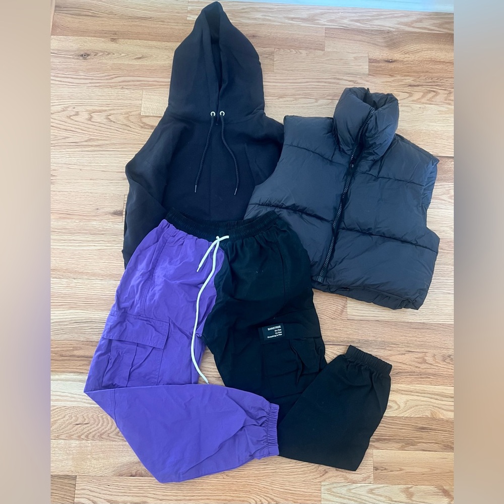 Adult small black hooded sweatshirt, cropped vest and purple and black pants